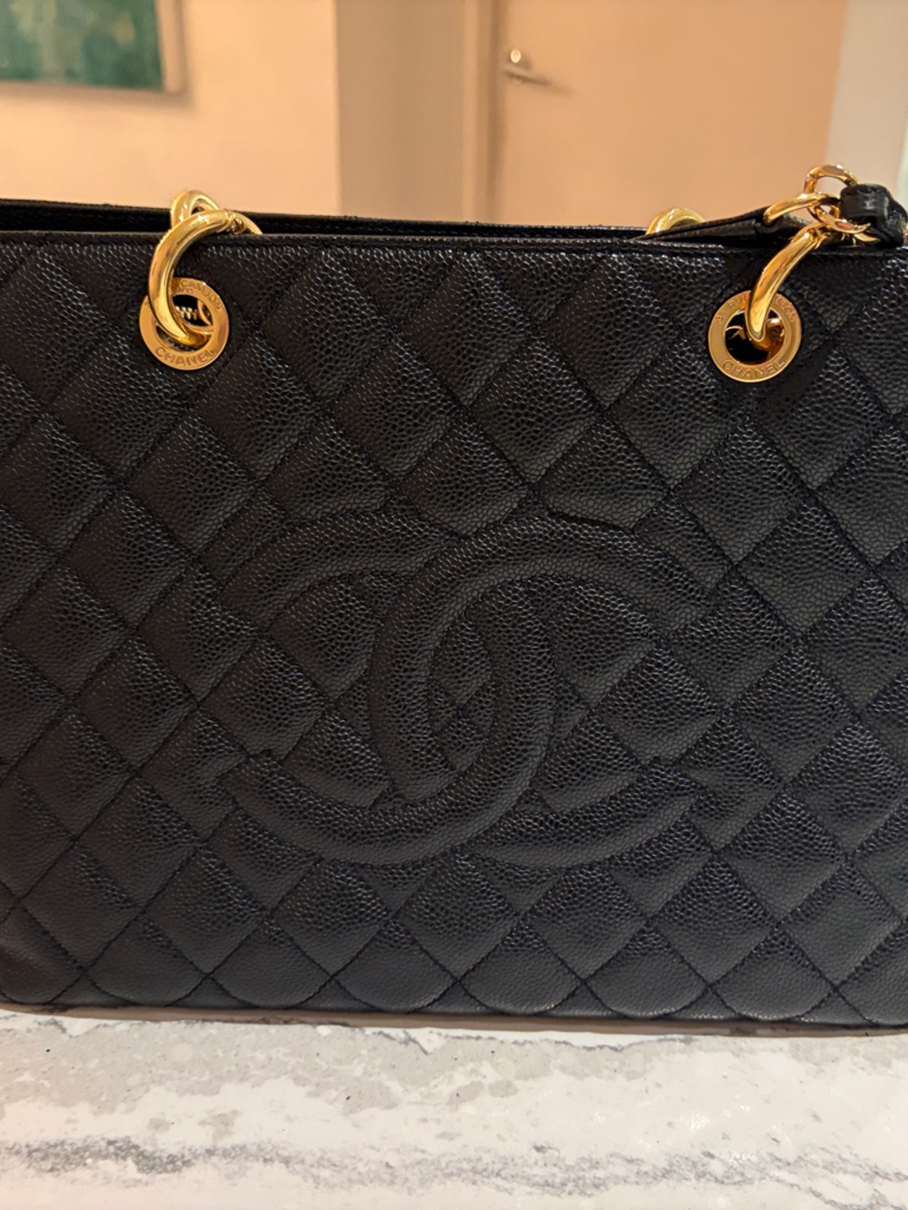 Authentic CHANEL Black Quilted Caviar Leather Shoulder Tote with Gold Hard